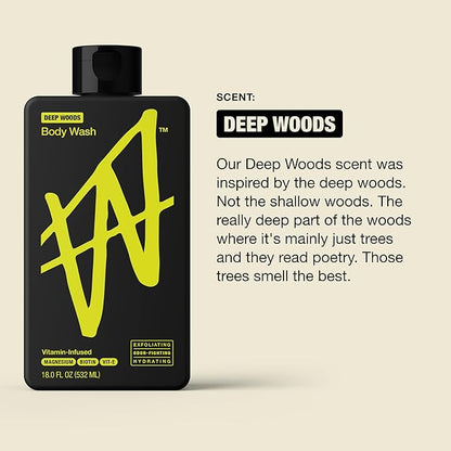 W By Jake Paul Body Wash for Men, Exfoliating Shower Gel with Jojoba Oil, Deep Clean Hydrating Mens Bodywash, Deep Woods Scent, 18 fl oz
