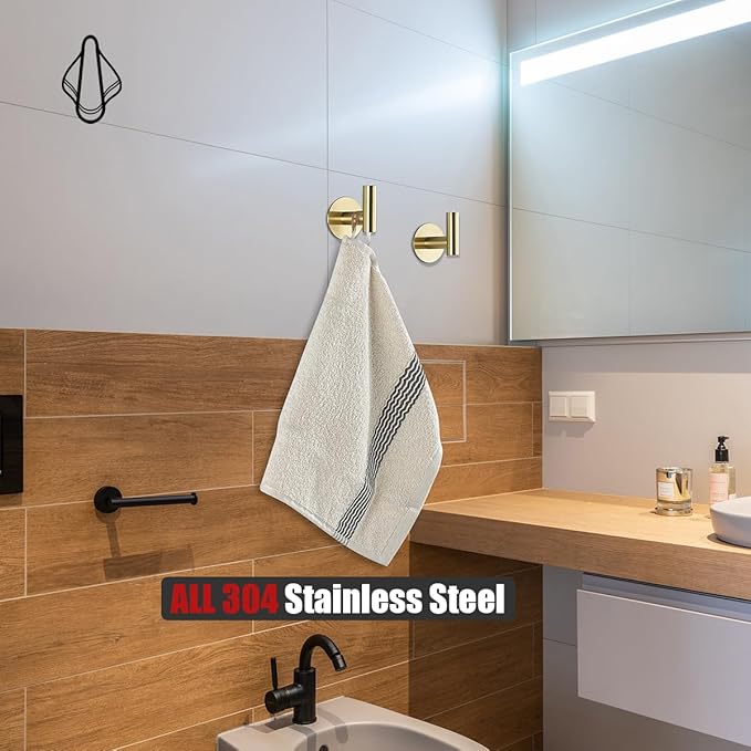 JQK Self Adhesive Towel Hook Gold, No Drill Stick on Coat Robe Clothes Wall Hook for Bathroom Kitchen Garage 2 Pack, 304 Stainless Steel Brushed Gold, ATH110-BG-P2
