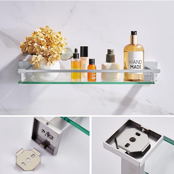 LANC Bathroom Shelves Glass Shelf 20-Inch Brushed Nickel Floating Tempered Glass Shelf Rectangular Modern Stainless Steel Wall Mount Shelves for Shower Bathroom Kitchen Organizers Accessories，A7613BN