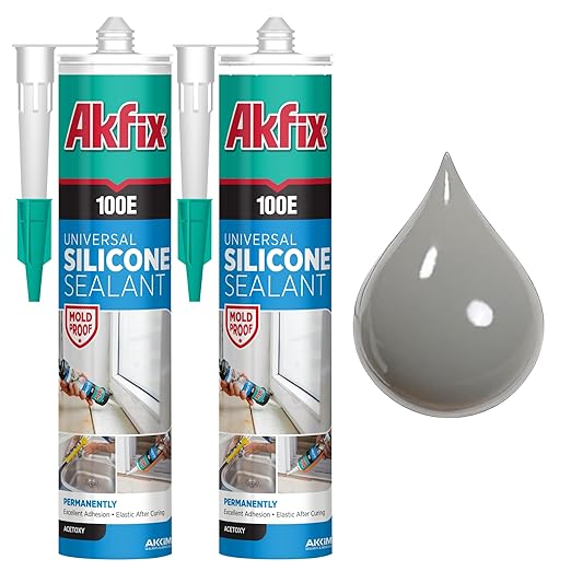 Akfix 100E RTV Gray Silicone Caulk (2x10.1 fl.oz.) - 100% Waterproof Silicone Sealant for Kitchen and Bathroom, Shower, Bathtub, Toilet, Sink, Window and Door, No Discoloring | Grey, 2 Pack