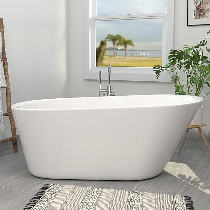 65" Acrylic Freestanding Bathtub, Single Slipper Free Standing Tub, Soaking Tub with Integrated Slotted Overflow, Toe-Tap Chrome Drain, cUPC Certified, Glossy White