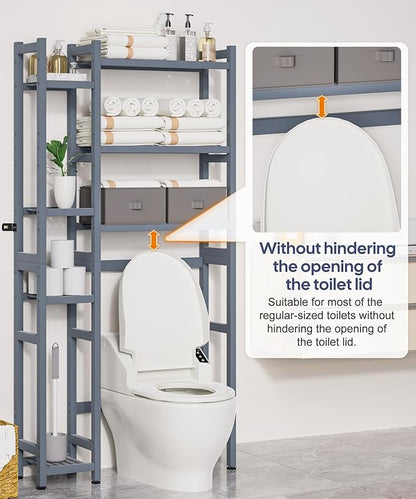 Homde Over The Toilet Storage with Basket and Drawer, Bamboo Bathroom Organizer with Adjustable Shelf & Waterproof Feet Pad, Space Saver Rack for Restroom, Laundry,Grey