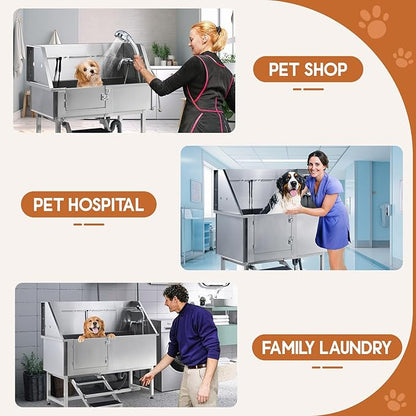 Albott 60 Inch Stainless Steel Dog Washing Station with Anti-Slip Steps, Sprayer, Faucet, Soap Box & Tow Rope – Professional Pet Bathtub for Large Dogs, Great for Home, Garage or Grooming (Left)