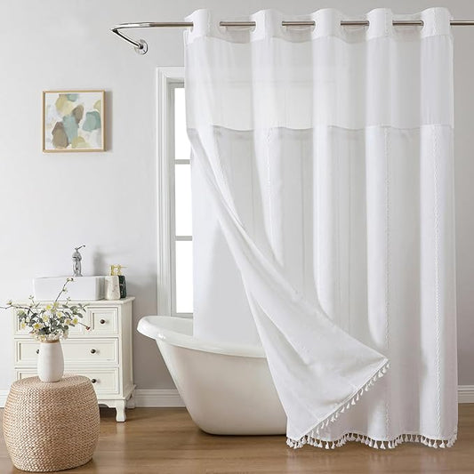 No Hook Extra Long Shower Curtain Set with Snap-in Liner,Linen Textured Thick Striped Fabric with Tassels,Boho Chic Modern Farmhouse Bathroom Curtain,Water-Repellent,White,71x86