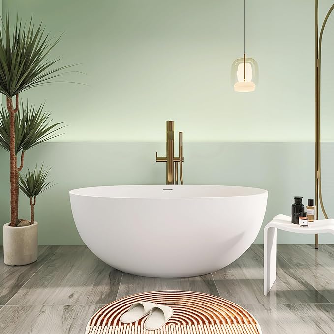 55" Premium Solid Surface Freestanding Bathtub, Upgraded Oval Stone Resin Tub with Overflow and Pop-up Drain, Matte White