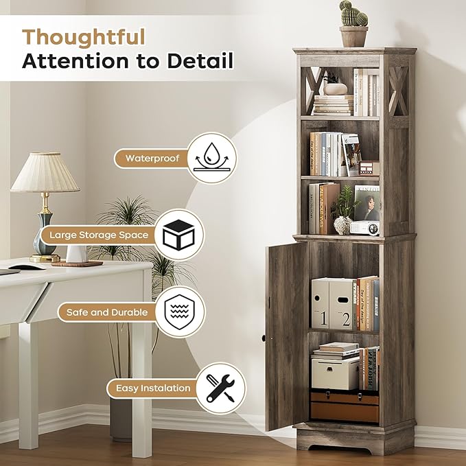 Narrow Bathroom Storage Cabinet with Door and Open Adjustable Shelves, 60.9" H Wooden Tall Tower Corner Farmhouse Cabinet, Freestanding Organizer for Kitchen, Entryway Grey