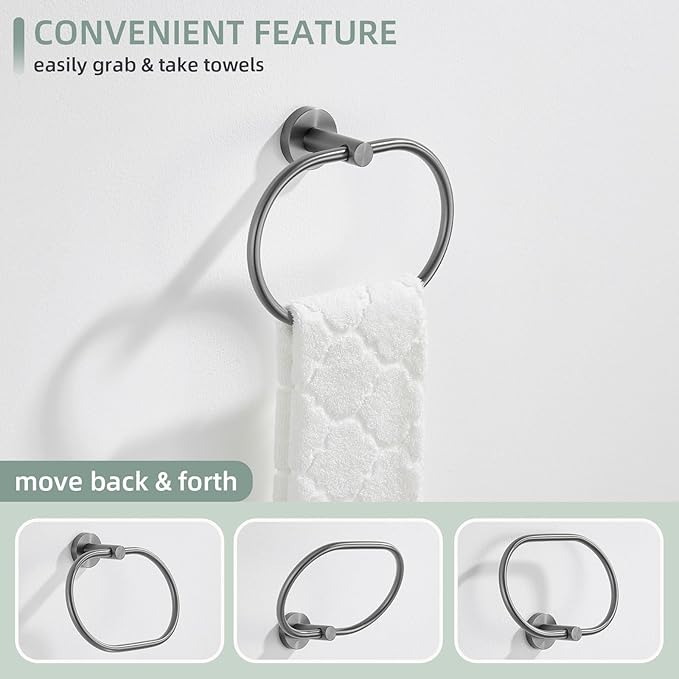 Angle Simple Swivel Towel Ring for Bathroom, SUS304 Stainless Steel Oval Hand Towel Ring Rack for Wall, Gunmetal Gray