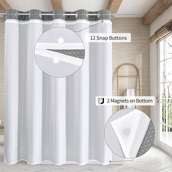 MitoVilla No Hooks Needed Extra Long Shower Curtain Liner Set, 86 inch XL Black Waffle Heavyweight Fabric Cloth Shower Curtains Set with Snap-in Liner for Modern Luxury Hotel & Spa Bathroom Decor