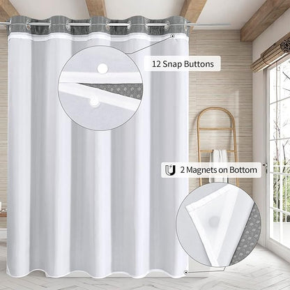MitoVilla Black Waffle Long Shower Curtain Liner Set 72 x 80, No Hooks Required 80 inch Long Heavyweight Fabric Shower Curtain Set with Snap-in Liner for Hotel Grade Spa-Like Bathroom Decor