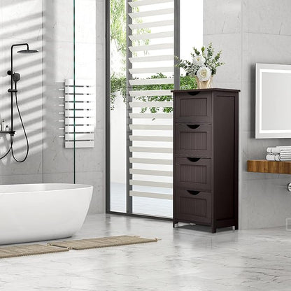 Bonnlo Skinny Bathroom Floor Storage Cabinet, 12 Inch Wide Deep Small Storage Organizer with 4 Drawers, Wooden Modern Espresso Thin Free Standing Tower Cabinet w/ 4 Cute Drawers for Bathroom