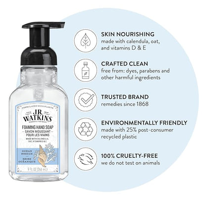 J.R. Watkins Foaming Hand Soap with Pump Dispenser, Moisturizing Foam Hand Wash, Alcohol-Free, Cruelty-Free, Ocean Breeze, 9 fl oz, 3 Pack