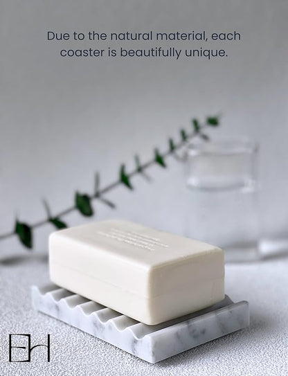 Marble Soap Dish - Soap Dish for Shower, Shower Bar Soap Holder, Real Marble Bathroom Tray, Decorative Stone Soap Dish with Drainage (Calacatta White, Round Wave)