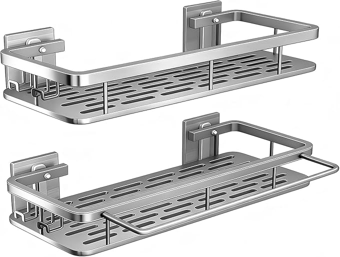 Shower Caddy Adhesive 2Pack with Hooks and Rod for Towels Silver-Premium Bathroom Shower Shelves Shampoo Organizer Rack Storage Bathtub Shelf Rustproof Easy Installation Sturdy Build Sleek Modern Look
