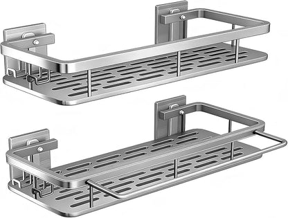 Shower Caddy Adhesive 2Pack with Hooks and Rod for Towels Silver-Premium Bathroom Shower Shelves Shampoo Organizer Rack Storage Bathtub Shelf Rustproof Easy Installation Sturdy Build Sleek Modern Look