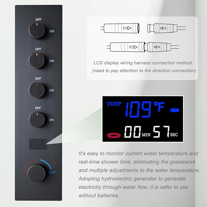 Temperature Display Oil Rubbed Bronze Shower System, Push Button Shower Faucet with Handheld Spray, Ceiling Mount 12 Inch and 8 Inch Wall Mount Shower Head, 6 PCS Body Jet