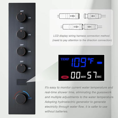 Oil Rubbed Bronze Digital Display Shower System with 16X24 inch Ceiling Mounted Shower Head(Rain&Waterfall Modes), with Handheld Spray and 6 PCS Dual Modes Body Jet