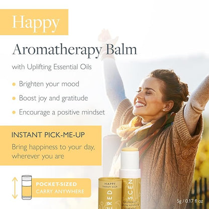 Scentered Aromatherapy Balm Stick - Happy - Mood Boost Roll On Essential Oils Blend for Positive Thinking - Grapefruit, Cedarwood, Lemon Myrtle Essential Oil - Self-Care Stocking Stuffers for Women