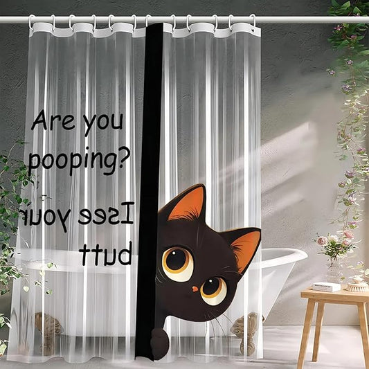 Clear Cute Funny Black Cat Shower Curtain Liner, Are You Pooping Shower Curtain, Fun Anime Cat Shower Curtains for Bathroom, 72x72 Plastic Cool Summer Shower Curtain Set with Weighted Magnets 12 Hooks