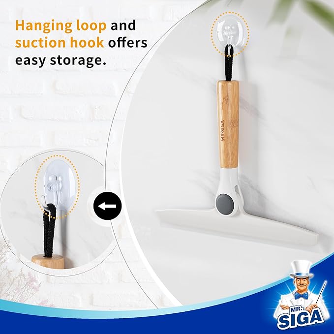 MR.SIGA All Purpose Silicone Squeegee for Shower Door, Mirror, Glass, Streak Free Shower Squeegee, Pivoting Bamboo Handle, Includes 1 Suction Hook, 10 inch Wide, 1 Pack