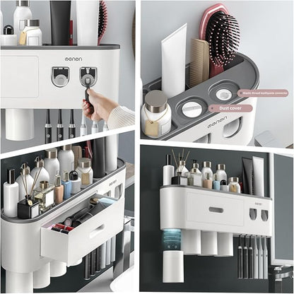 No-Drill Wall Mounted Toothbrush Holder, Bathroom Shelf, with Automatic Toothpaste Dispensers 6 Brush Hooks Magnetic Cups 1 Cosmetic Drawer Organizer and Large Storage (2 Dispensers 4 Cups)