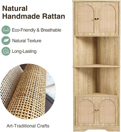 67''H Tall Corner Cabinet with Handmade Rattan Door, Rattan Storage Cabinet with Adjustable Shelves, Corner Bookshelf Space Saver for Barthroom, Kitchen, Natural