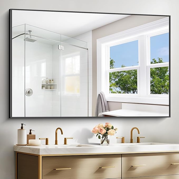 BONEWEI Bathroom Mirror,60x40 inch Bathroom Mirrors for Over Sink,Large Wall Mirror for Bathroom Wall Mounted Rectangle Mirrors,Black Vanity Mirror for Living Room,Bedroom Entryway,Horizontal/Vertical