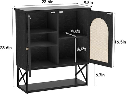 Rattan Bathroom Wall Cabinet, Boho Medicine Wall Cabinet with Double Doors and Adjustable Shelves, Tall Kitchen Wall Mounted Storage Cabinet, Floating Space Saver Over Toilet, Black