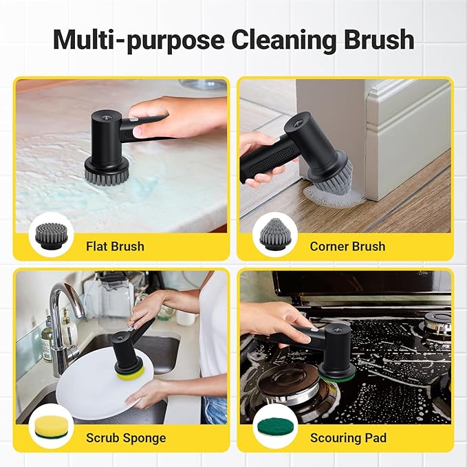 Electric Spin Scrubber, 2000 mAh Cordless Power Scrubber with 4 Replaceable Heads, 2 Speeds Portable Scrubber for Cleaning Sink/Stove/Corner/Tile/Grout/Bowl (Black)