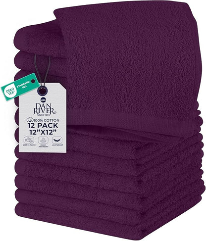 DAN RIVER 12 Pack Wash Cloths for Showering [12x12] - 100% Cotton Washcloths Premium Quality Flannel Face Cloths for Bathroom, Highly Absorbent and Soft Feel Wash Clothes, Purple Passion