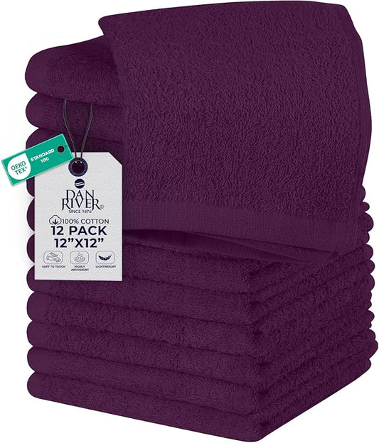 DAN RIVER 12 Pack Wash Cloths for Showering [12x12] - 100% Cotton Washcloths Premium Quality Flannel Face Cloths for Bathroom, Highly Absorbent and Soft Feel Wash Clothes, Purple Passion