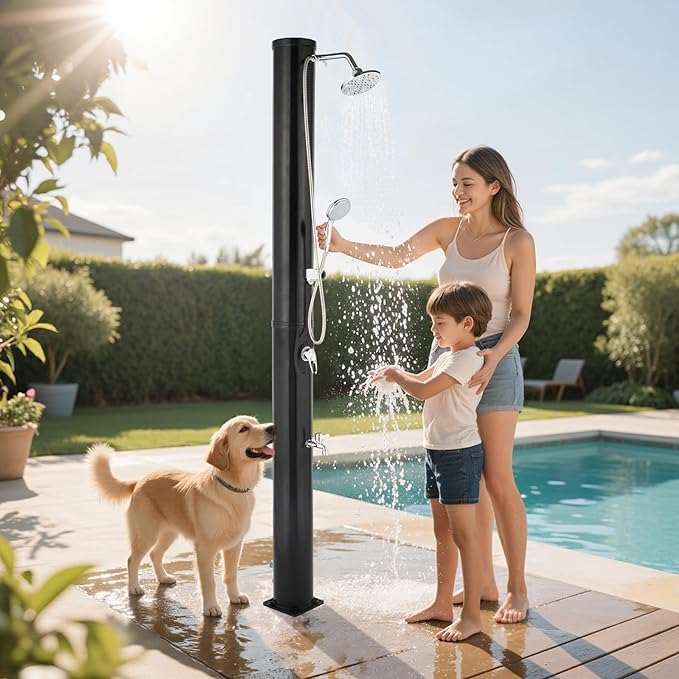 VINGLI Solar Heated Shower,2-Section with Shower Head and Foot Shower Tap，for Outdoor Backyard Poolside Beach Pool Spa,Black (10 Gallon-Black)