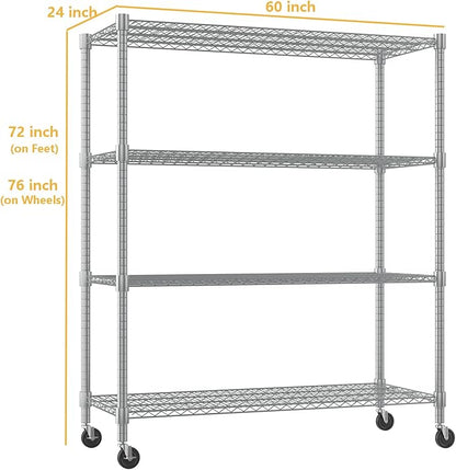 Himimi Storage Shelves 60"W Wire Shelving with Wheels 2600LBS Heavy Duty Metal Shelves for Storage, 4-Tier Adjustable Wire Rack Shelving Garage Shelving Kitchen Storage Shelves 24"Dx60"Wx72"H, Silver