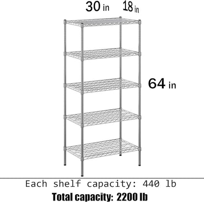18" Deep x 30" Wide x 64" Height Wire Shelving Kit | 5-Tier | NSF Commercial Storage Rack Unit