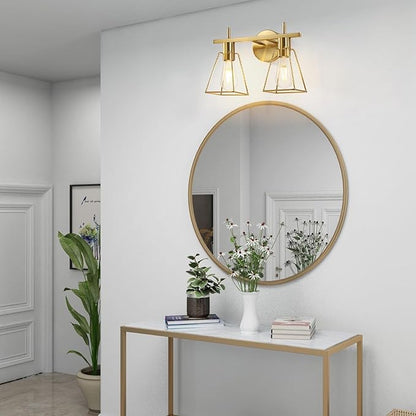 Industrial Bathroom Vanity Lights: 2-Lights Brush Gold Vintage Metal Cage Wall Sconces - Rustic Farmhouse Lightning Fixture Over Mirrors Cabinet for Dressing Hallway