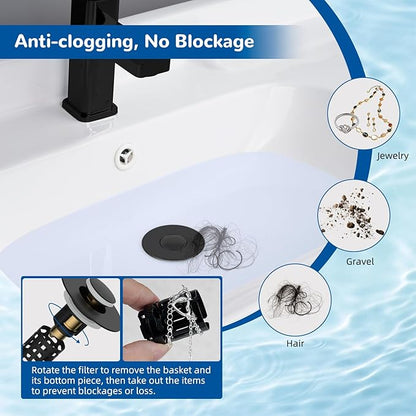 Hibbent 2 Pack 3 in 1 Bathroom Sink Drain Strainer, Universal Pop Up Stopper with Removable Stainless Steel Filter Basket Hair Catcher, Sink Plug for 1.1''~2.36'' Basin, Brass Bullet Core, Matte Black