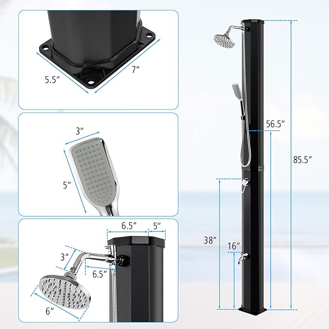 Goplus 9.3 Gallon Solar Heated Outdoor Shower, 7.2 FT Freestanding Garden Shower w/ 360° Swivel Shower Head, Foot Shower, Temperature Adjustment, for Poolside Backyard Beach (Black w/Handle Head)