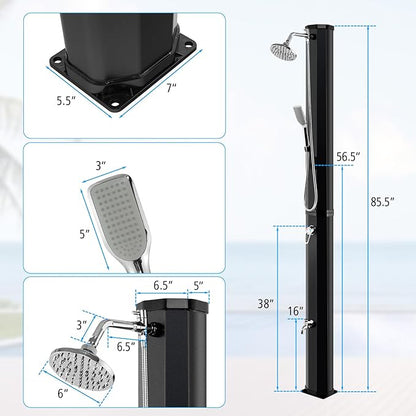 Goplus 9.3 Gallon Solar Heated Outdoor Shower, 7.2 FT Freestanding Garden Shower w/ 360° Swivel Shower Head, Foot Shower, Temperature Adjustment, for Poolside Backyard Beach (Black w/Handle Head)