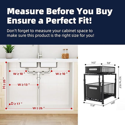 MIKEE Under Sink Organizer, 2 Tier Under Sink Organizers and Storage,Bathroom Cabinet Organizer with Adjustable Height, Pull Out Sink Shelf Cabinet Storage Shelves for Kitchen& Bathroom, Black