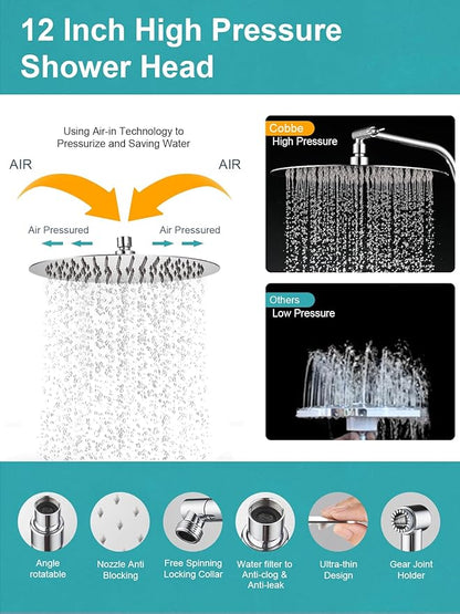 Cobbe 12 Inch All Metal Rain Shower Head, Dual Shower Heads with Handheld Spray Combo - Upgrade Extension Arm Height Adjustable - 9 Spray Filtered Shower Head, Chrome
