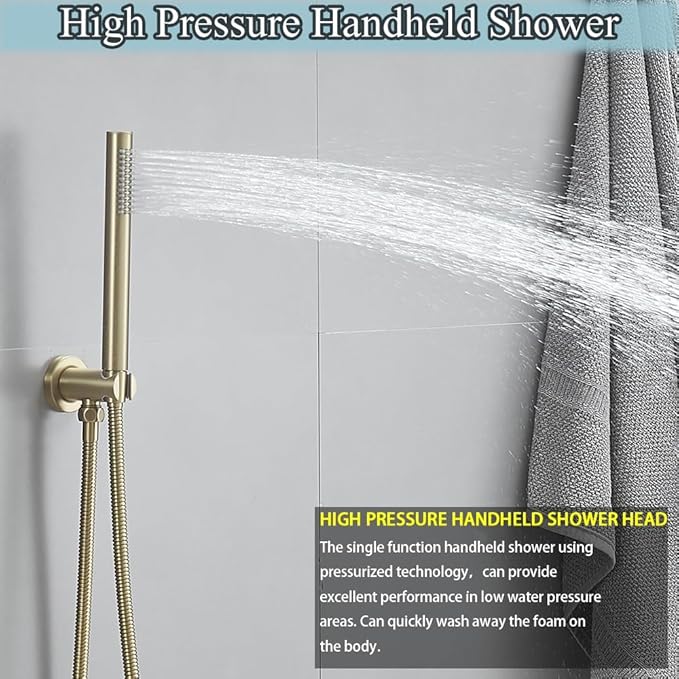 Brushed Gold Round Shower Faucet Set with Body Jets 16 Inch Shower Head Handheld Shower Combo Set High Pressure Ceiling Mount with Rough-in Valve