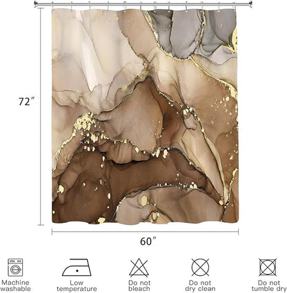 Brown Marble Shower Curtain 60x72, Modern Abstract Fabric Shower Curtains for Bathroom, Luxury Art Ink Texture Watercolor Cloth Shower Curtain Set with Hooks