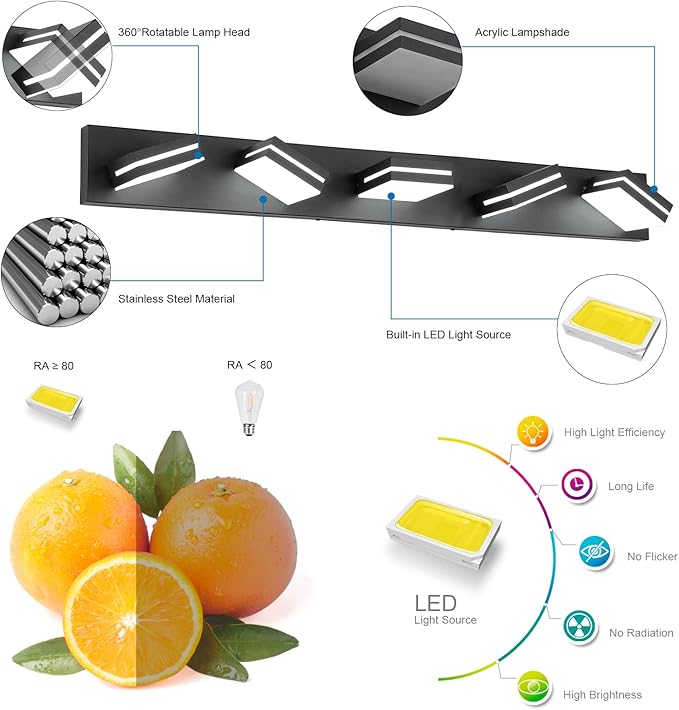 SineRise LED Modern Bathroom Vanity Light Fixtures (5-Light, 40-Inch, Dimmable), Matte Black Modern Acrylic Bathroom Wall Lighting Fixtures Over Mirror (Cool White 6000K)
