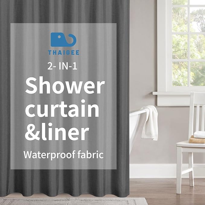 2-in-1 Waterproof Long Fabric Shower Curtain or Liner,Linen Textured,78 Inch Breathable TPU & Washable Bathroom Shower Curtain Set with 12 Plastic Hooks,Modern,72"x78" Charcoalgrey