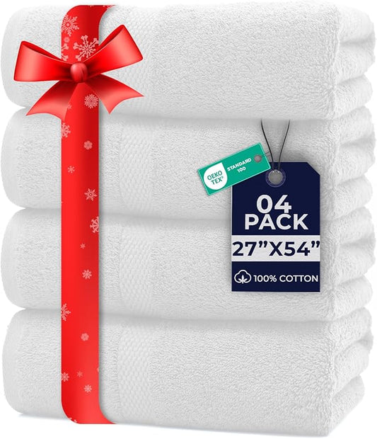 DAN RIVER Bath Towels Set of 4, 27 x 54 Inches, 100% Cotton, Larger & Lighter Weight, Quicker to Dry, Super Soft and Absorbent, Ideal White Towels for Daily Use