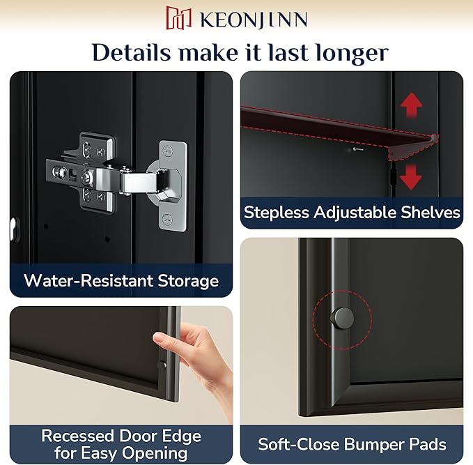 Keonjinn 48 x 26 Inch Medicine Cabinet, Assembly Required, Black Bathroom Medicine Cabinets Mirror, Lightweight, Adjustable Shelves, Surface Mount or Recessed, Tempered Glass
