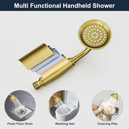 Brushed Gold Bathtub Faucet Freestanding Tub Filler High Pressure Single Handle Bathtub Filler Floor Mounted Brass Bathroom Tub Faucets with Handheld Shower