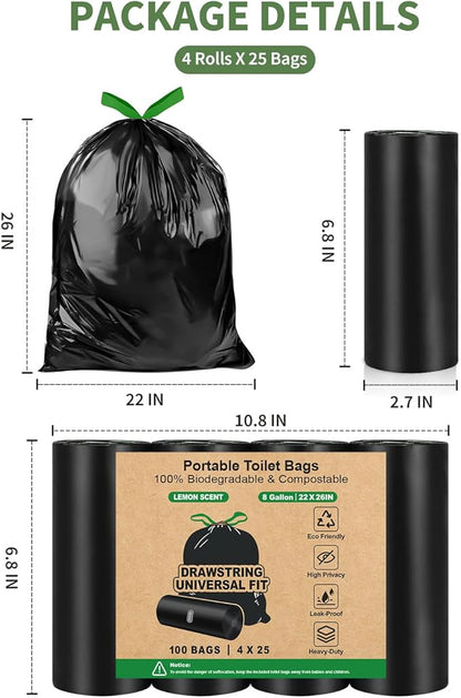 100 Camping Toilet Bags Drawstring, 8 Gallon Portable Toilet Bags Use with 5 Gallon Bucket, Porta Potty for Camping Bathroom Travel Backpacking