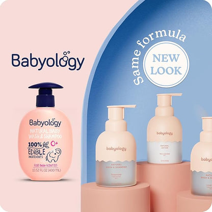 Babyology - 100% Edible Ingredients - All Natural Baby Wash and Shampoo Lavender + Organic Baby Lotion SET - 12 FL OZ Good for Sensitive Skin or Eczema - Non Toxic - Fragrance Free (Set of 2)