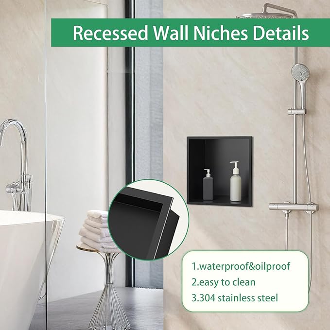 SaniteModar Shower Niche, Stainless Steel Shower Niche 12" X 12" No Tile Needed, Recessed for Bathroom Storage, Matte Black (Matte Black, 12x12)