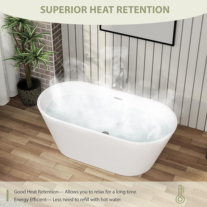 Mocoloo 59 Inch Freestanding Bathtub - Acrylic Soaking White Tub for Bathroom Stand Alone Ergonomic Modern Bathtub with Overflow and Black Offset Drain
